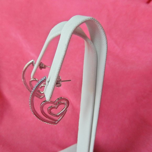 SUN 925 Sterling SILVER HEARTS DIAMONDS EARRINGS - Picture 3 of 15